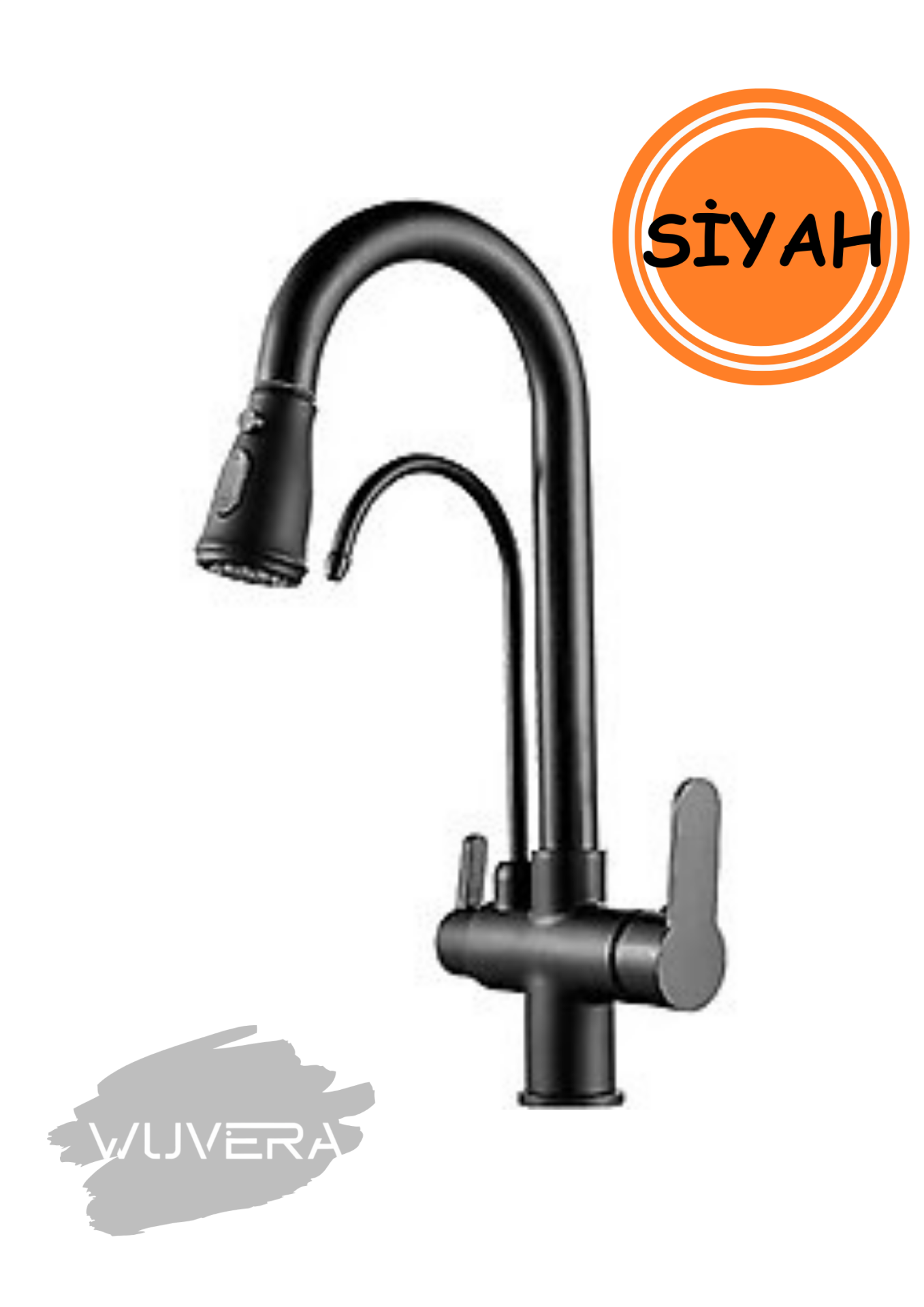 Wuvera Siyah Arıtmalı 3 Yollu Spiralli Mutfak Eviye Bataryası – Sağlıklı Su ve Modern Tasarım Bir Arada!