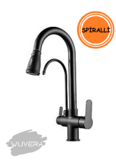 Wuvera Siyah Arıtmalı 3 Yollu Spiralli Mutfak Eviye Bataryası – Sağlıklı Su ve Modern Tasarım Bir Arada!