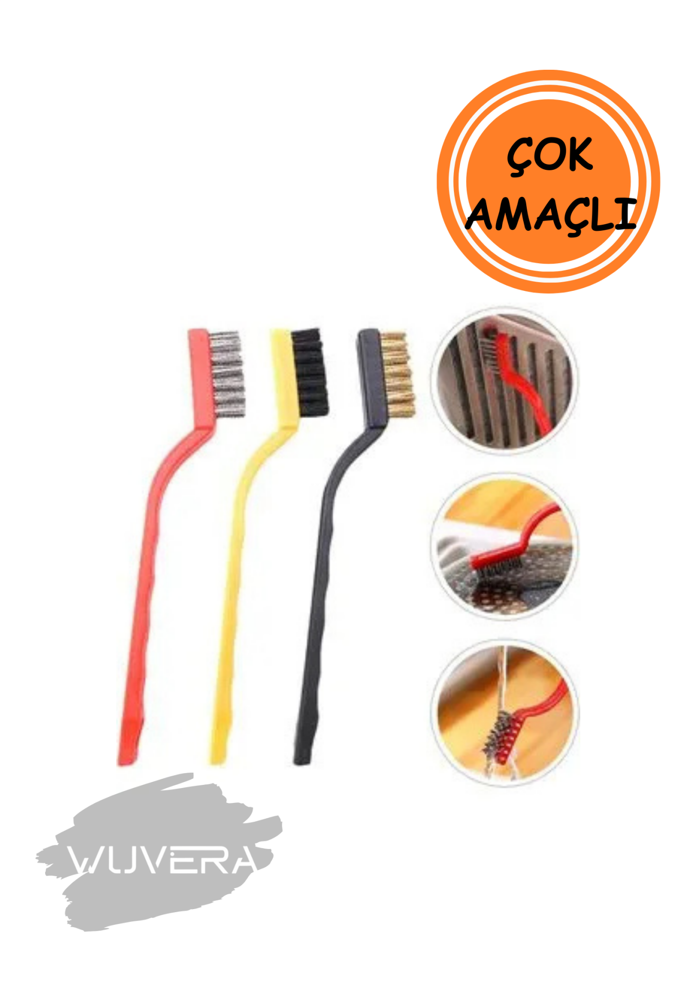 Wuvera 3'lü Ocak Fırın Mangal Izgara Airfryer Temizleme Tel Pas Sokma Fırçası - Etkili Yüzey Temizliği İçin Pratik Çözüm