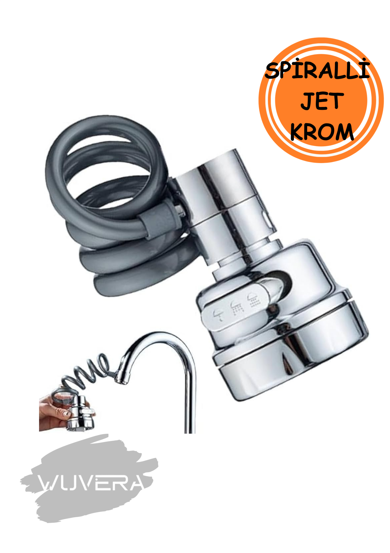Wuvera 3 Fonksiyonlu Krom Musluk Başlığı – Uzayabilir Hortumlu, Döner Başlıklı Su Tasarruflu Başlık