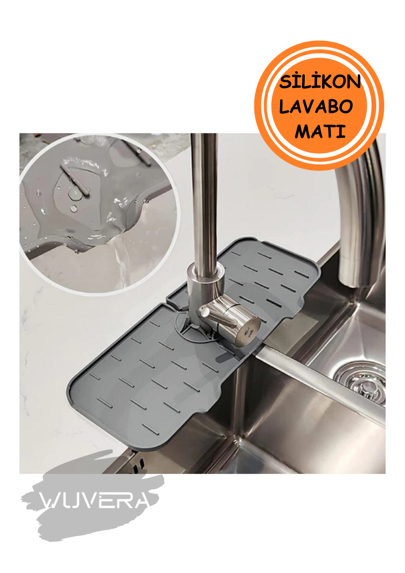 Wuvera Gri Su Tutucu Musluk Matı – Mutfak ve Banyo İçin Pratik Koruyucu
